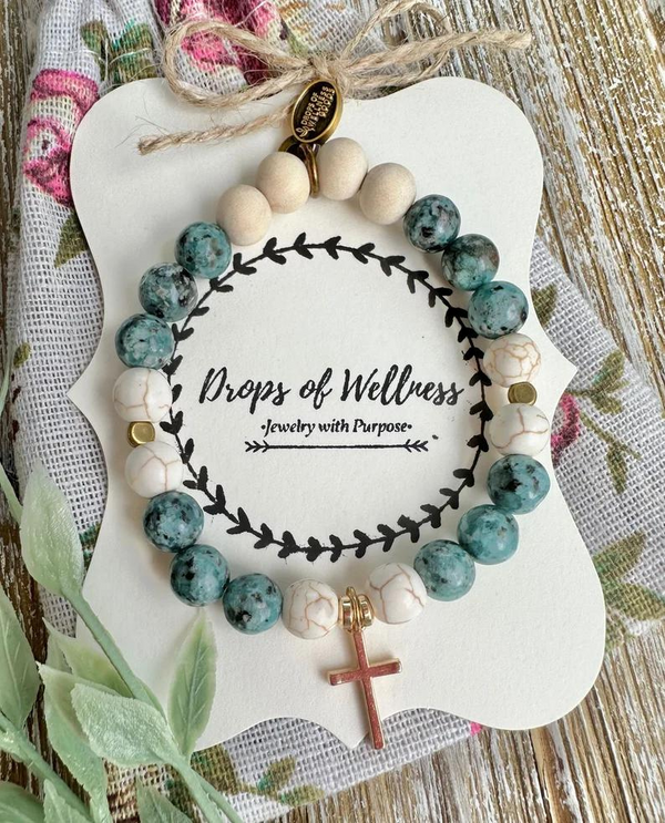 Essential Oil Diffuser Bracelet: Turquoise and Gold Cross