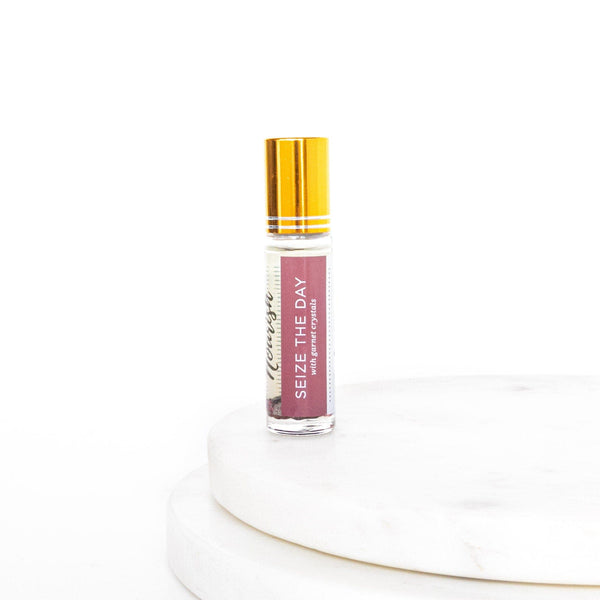 Seize the Day Energizing Essential Oil Roller Blend with Garnet Crystals 