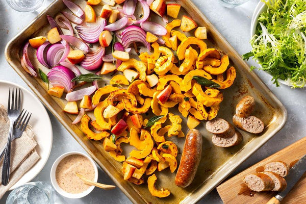 Sheet Pan Pork Sausages with Roasted Apple and Delicata Squash with Maple Dijon Vinaigrette