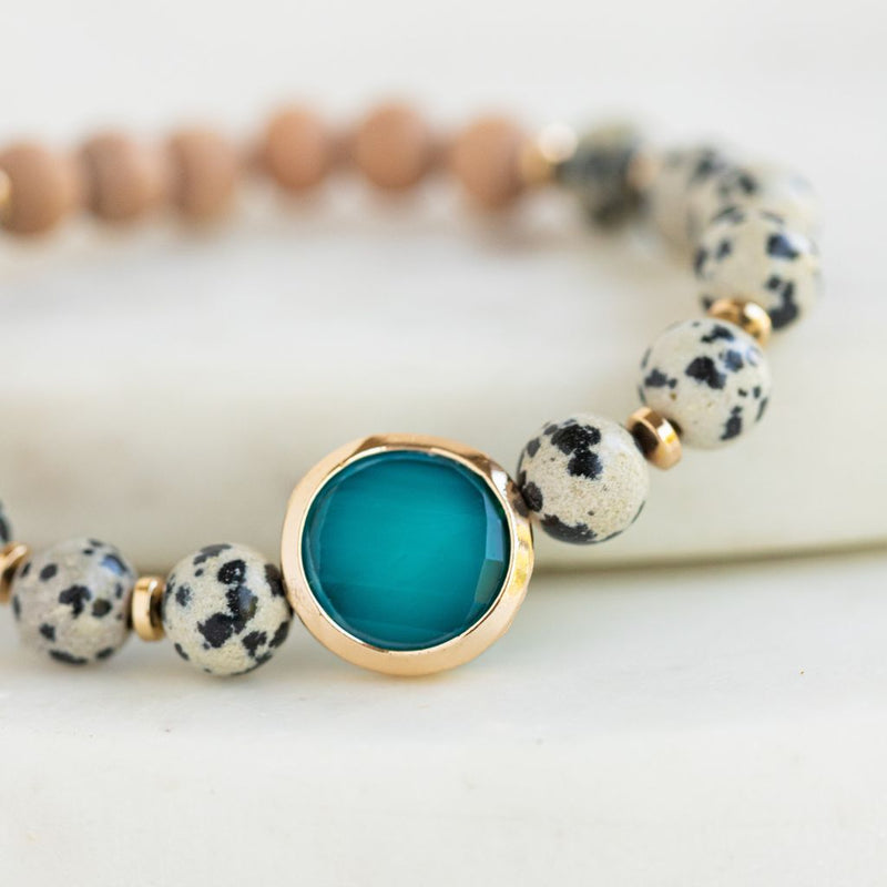 Essential Oil Diffuser Bracelet: Dalmation Jasper w/ Turquoise Charm