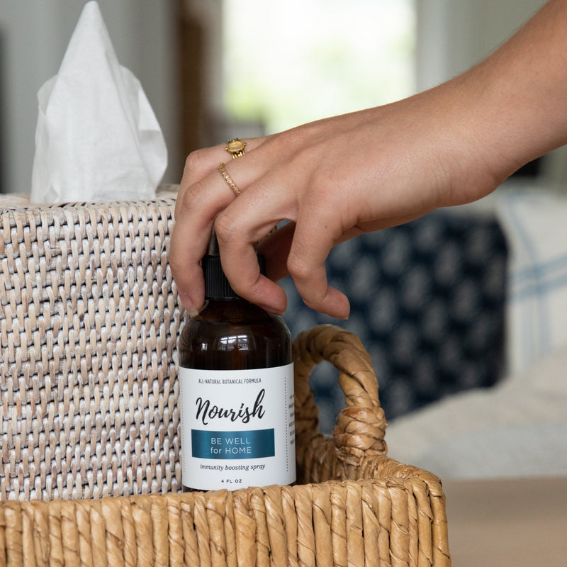 Hand placing a bottle labeled Be Well for Home into a woven basket on a surface.