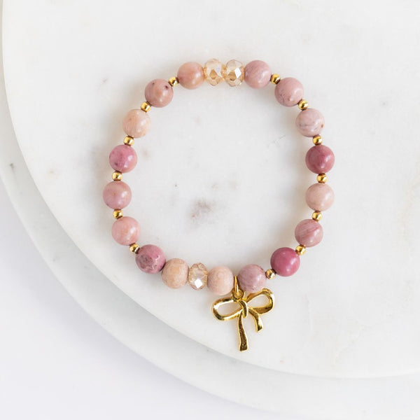 Essential Oil Diffuser Bracelet: Haitian Flower Rhodonite + Rosewood with Ribbon Charm