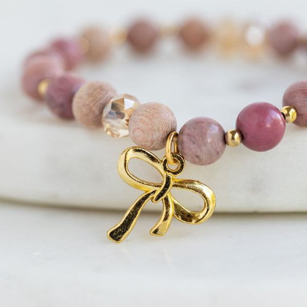 Essential Oil Diffuser Bracelet: Haitian Flower Rhodonite + Rosewood with Ribbon Charm