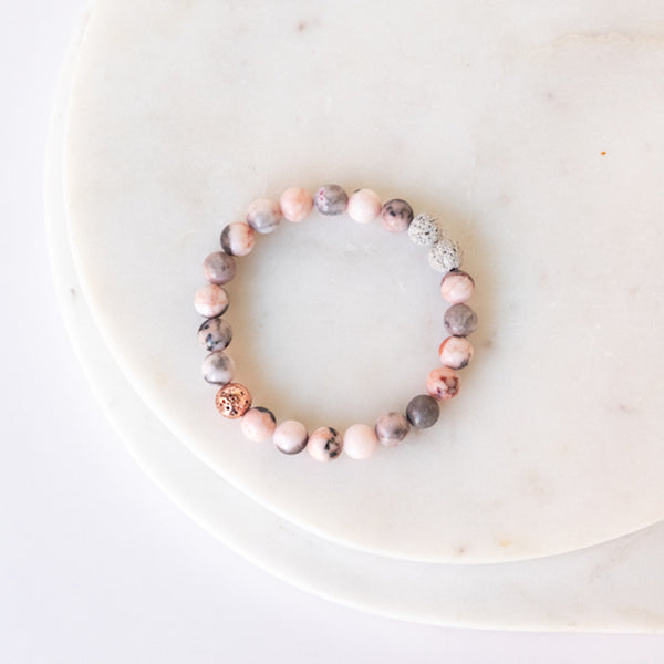 Essential Oil Diffuser Bracelet: Pink Zebra Jasper & Rose Gold