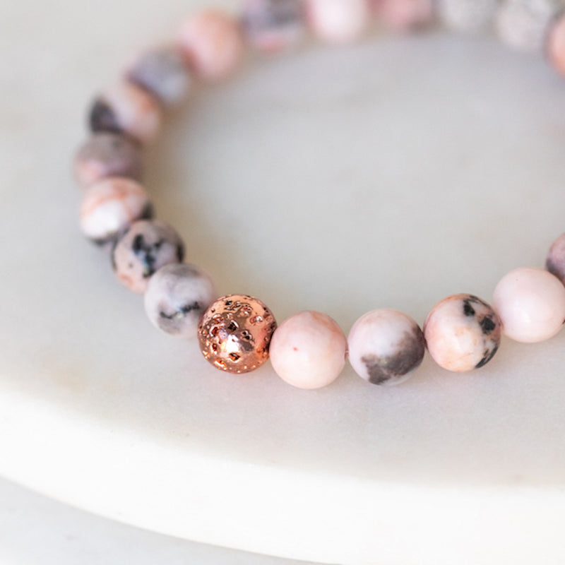 Essential Oil Diffuser Bracelet: Pink Zebra Jasper Rose Gold